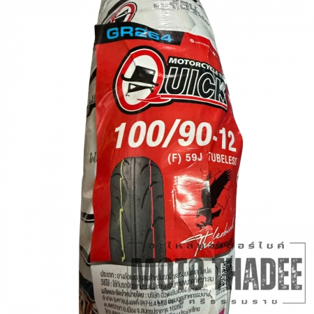 ยางนอก Tubeless ยี่ห้อ Quick 100/90-12 GR612 Thunderbird มีจุดเด่นที่ดอกยางลายกึ่งสปอร์ตทิศทางเดียว ช่วยเรื่องการทรงตัวและการรีดน้ำ สำหรับรถสกูตเตอร์ขอบ 12 เช่น Honda Zoomer-X, Scoopy i (Club 12), Moove และ Yamaha QBIX