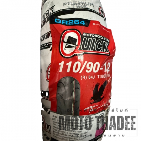 ยางนอก Tubeless ยี่ห้อ Quick 110/90-12 GR612 Thunderbird มีจุดเด่นที่ดอกยางลายกึ่งสปอร์ตทิศทางเดียว ช่วยเรื่องการทรงตัวและการรีดน้ำ สำหรับรถสกูตเตอร์ขอบ 12 เช่น Honda Zoomer-X, Scoopy i (Club 12), Moove และ Yamaha QBIX